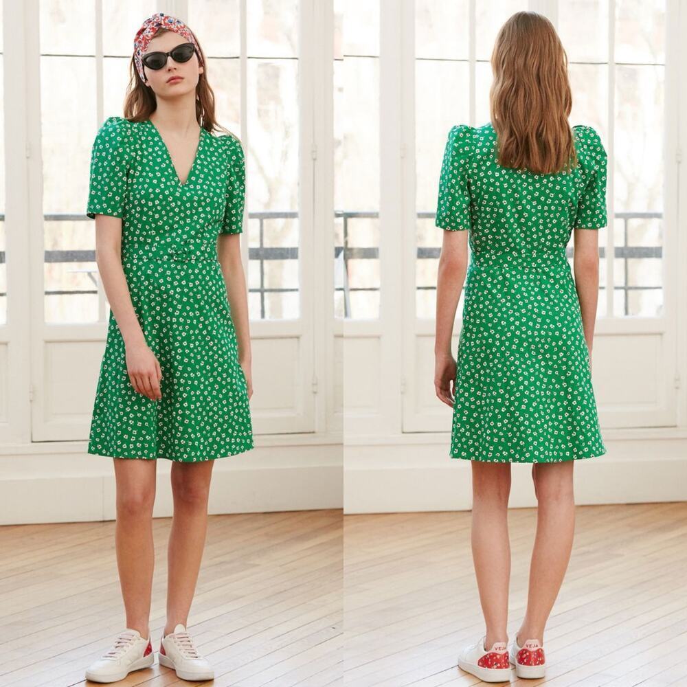 Claudie Pierlot Rumeur Dress Green Floral Print Belted SIZE 36 or US 4